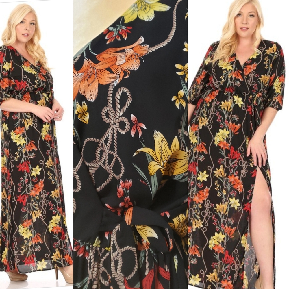 Maxi dress Floral print Thigh high Slit Wrap dress V neckline Dress Size 3X New